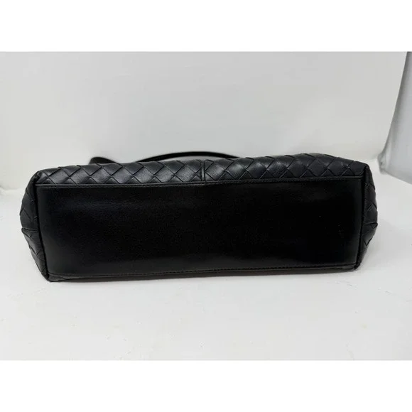 Black Woven Faux Leather Satchel Crossbody Handbag Gold Hardware - Picture 5 of 9